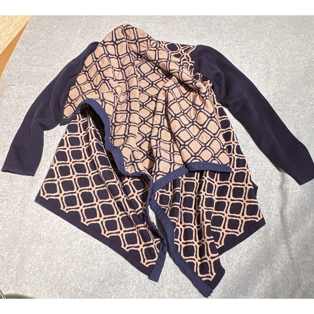 THML Women's Open-Front Draped Geometric Knit Cardigan Navy Beige, S